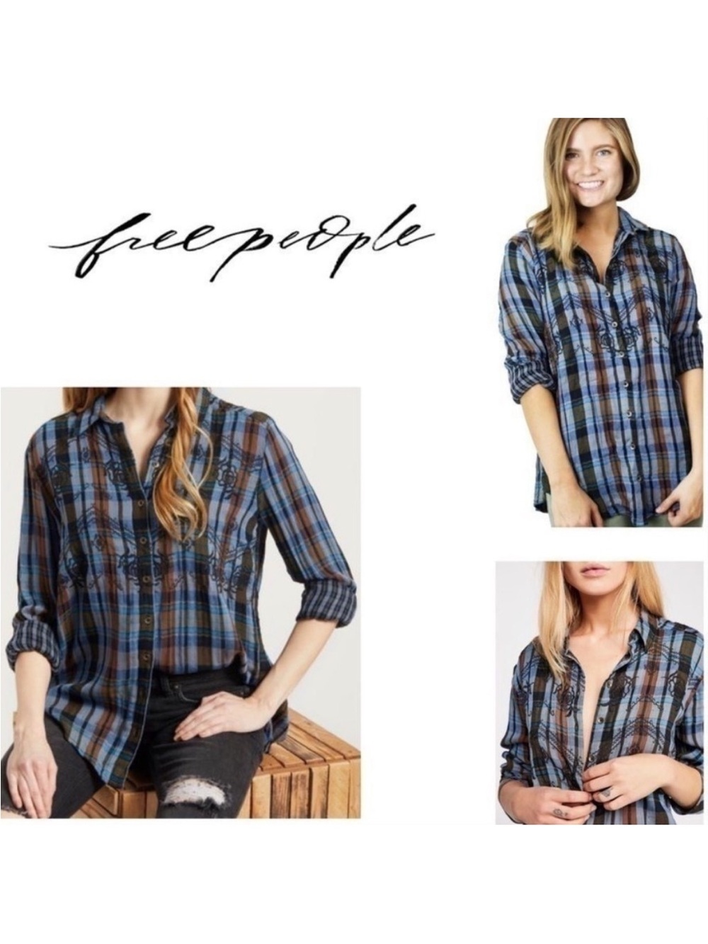 Free People Magical Plaid Button Down Tunic Shirt w/ Embroidery Size Small